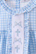 Blue cross bow embroidery ruffle gingham bloomer set