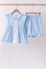 Blue cross bow embroidery ruffle gingham shorts set