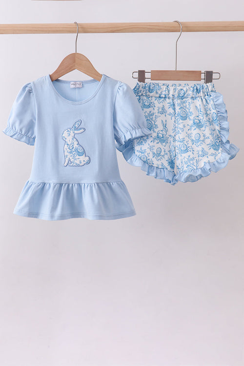 Blue bunny applique ruffle shorts set