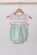 Green swiss dot cross sheep ruffle bubble