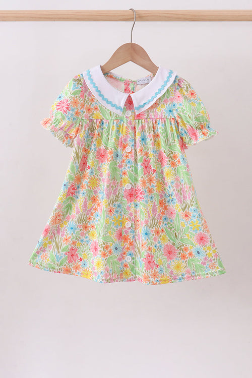 Pink floral print puff sleeve ruffle dress