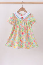 Pink floral print puff sleeve ruffle dress