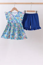 Blue floral print ruffle shorts set