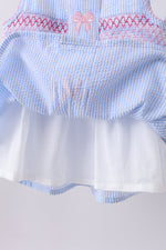 Blue seersucker bow smocked ruffle shorts set