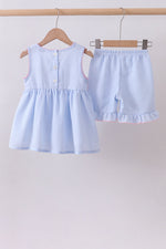 Blue seersucker bow smocked ruffle shorts set