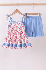 Blue cherry smocked ruffle shorts set