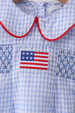 Blue flag smocked peter pan collar gingham bubble