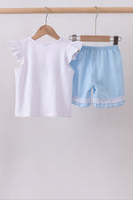 Blue flag smocked jacquard ruffle shorts set
