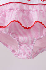 Pink stripe seersucker strawberry smocked one-piece swimsuit