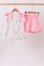 Pink floral print bow ruffle shorts set