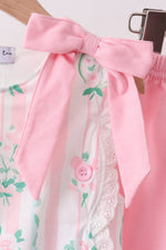 Pink floral print bow ruffle shorts set