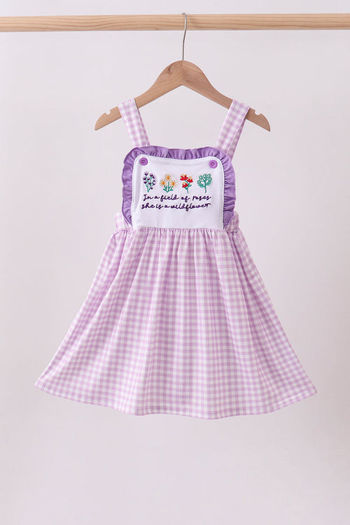 Purple floral embroidery gingham ruffle dress