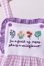 Purple floral embroidery gingham ruffle dress
