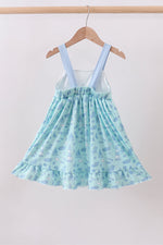 Blue beach print bow ruffle dress