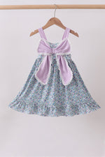 Purple floral print bow ruffle dress