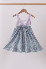 Purple floral print bow ruffle dress
