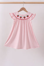 Pink strawberry embroidery gingham dress