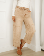 Shiloh Acid Wash Barrel Fit Denim Pants with Waist String - Sand