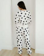 Polka Dot Print Drop Shoulder Pullover Drawstring Jogger Pant Set - Beige