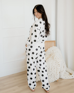 Polka Dot Print Drop Shoulder Pullover Drawstring Jogger Pant Set - Beige