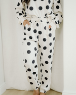 Polka Dot Print Drop Shoulder Pullover Drawstring Jogger Pant Set - Beige