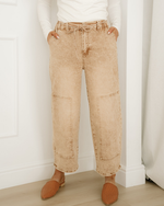 Shiloh Acid Wash Barrel Fit Denim Pants with Waist String - Sand