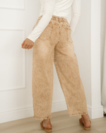 Shiloh Acid Wash Barrel Fit Denim Pants with Waist String - Sand
