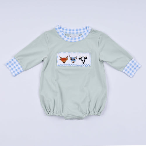 Sage cow hand smocked bubble