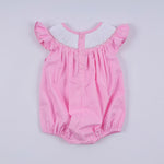 Pink character hand smocked dot ruffle bubble