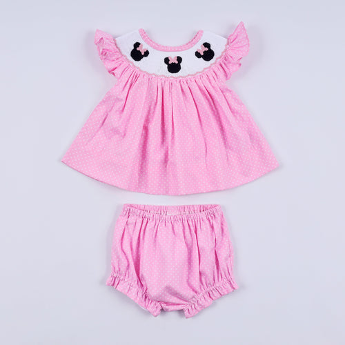 Pink character hand smocked dot ruffle bloomer set