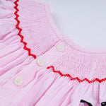 Red character hand smocked plaid ruffle bubble