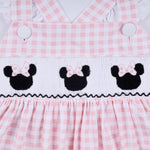 Pink character hand smocked gingham ruffle dress