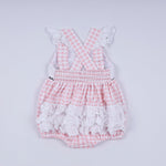Pink character hand smocked gingham ruffle bubble