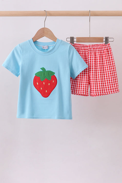 Blue strawberry applique gingham shorts set