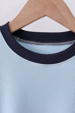 Blue character embroidery stripe shorts set