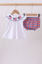 White flag smocked ruffle gingham bloomer set