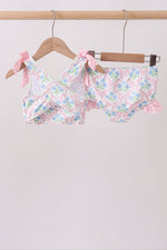 Pink hydrangea bow print 2pc swimsuit