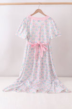 Pink hydrangea bow print tiered dress