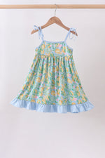 Green lemon smocked ruffle dress