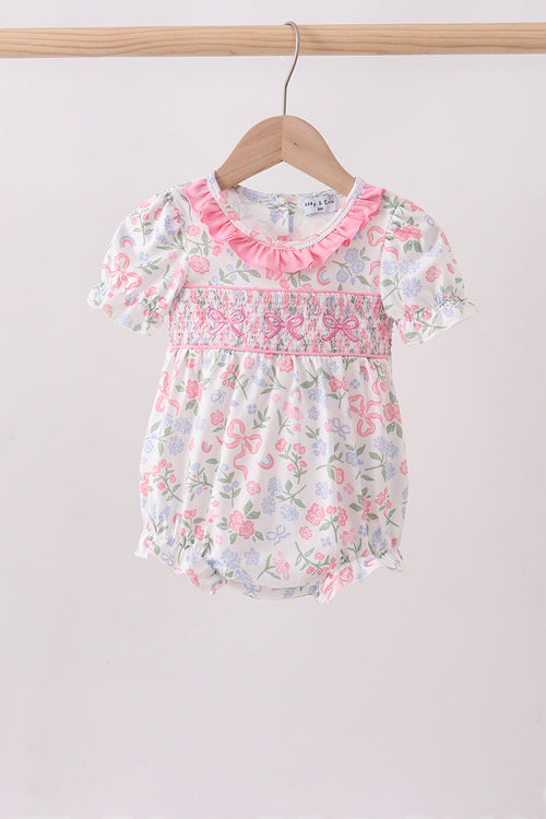 Pink floral bow smocked ruffle bubble