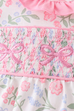 Pink floral bow smocked ruffle bubble