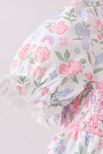 Pink floral bow smocked ruffle dress