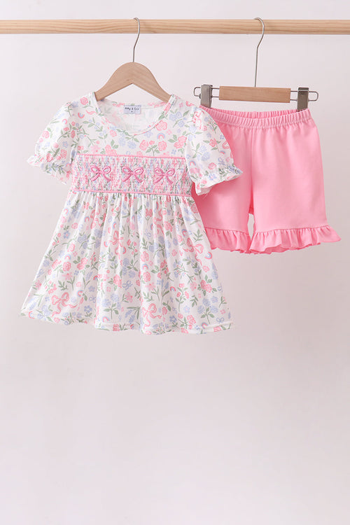 Pink floral bow smocked ruffle shorts set