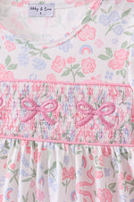 Pink floral bow smocked ruffle shorts set