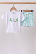White sailboat embroidery shorts set