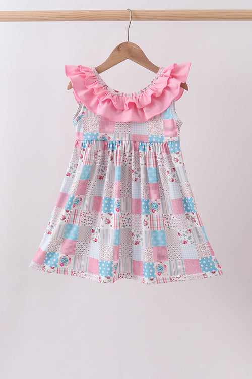 Pink patchwork floral ruffle dress
