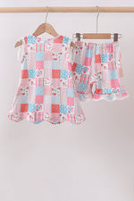 Pink floral patchwork scalloped ruffle shorts set