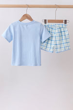 Blue birthday cake smocked plaid shorts set