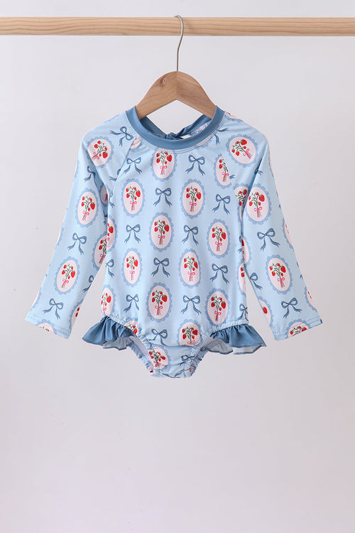 Blue strawberry bow ruffle rashguard