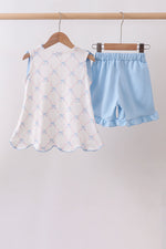 Blue bow ribbon print ruffle shorts set